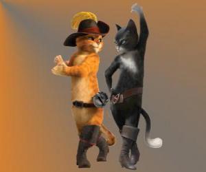 пазл Кот в сапогах танцует с Кити кошка